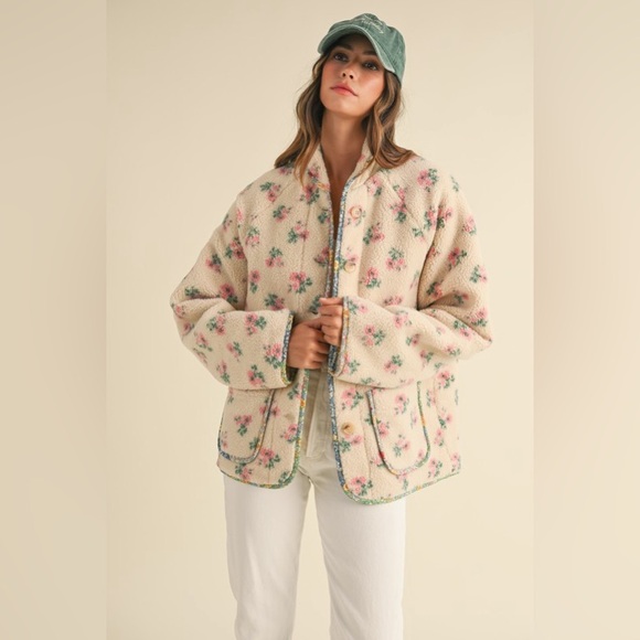 Dresses & Skirts - 541. Floral Print Sherpa Jacket in Cream